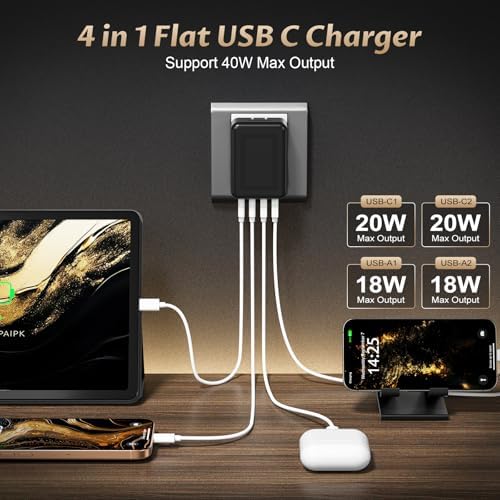 Ultra-Fast Charging 2-Pack: Foldable 40 W USB-C Wall Adapter with 4 Ports – Sleek Christmas Red Multi-Port Charger for i Phone 16, Samsung, Pixel & Tablets – Compact Power Solution for Home and Travel