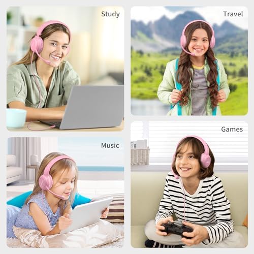 Stylish Pink Kids’ Headphones with Noise-Canceling Boom Mic – Simolio Wired On-Ear Stereo Headset for School, Gaming & Learning – Comfortable, Safe Volume Control & Durable Design for Girls, Teens & Students