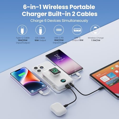 Ultimate 6-in-1 Magnetic Portable Charger, 10800 m Ah Power Bank for i Phone – Features Integrated Cables, Wireless Charging for Apple Watch, Smart LCD Display, and 25 W PD Fast Charging – Perfect Travel Accessory for All Devices with Enhanced Safety Features and Compatibility for i Phone 12 to 16 Series