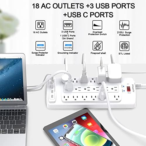 Maximize Your Power Supply with the 18-Outlet Surge Protector Power Strip – 6 Feet Heavy-Duty Extension Cord Featuring 4 Fast USB Ports, 2100 Joules of Surge Protection, and ETL Certification for Ultimate Safety and Compatibility