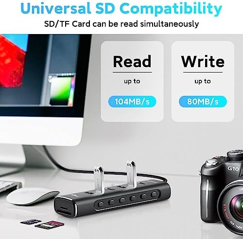 Transform Your Workspace with the Rosonway 8-Port USB 3.2 Hub – Lightning-Fast 10 Gbps Data Transfers, Dual SD/TF Card Readers, 3.3 ft Extension Cable & Robust 12 V/2 A Power Supply – Sleek Aluminum Design for Ultimate Convenience and Efficiency
