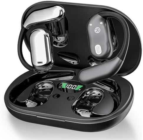 Ultimate Open Ear Bluetooth 5.4 Headphones – Lightweight Ergonomic Sports Earbuds with IPX7 Waterproof Technology and Innovative LED Charging Case for Unmatched Comfort and Connectivity During Outdoor Adventures (Sleek Black)