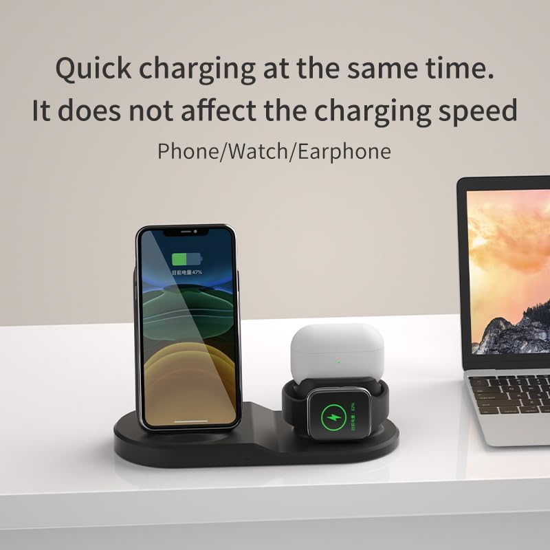 All-in-One 3 in 1 Wireless Charging Station for i Phone 11-16, Apple Watch, and Air Pods – Fast QC3.0 Adapter Included, Sleek Design for Tidy Charging Solution, Enhanced Device Compatibility and Safety Features