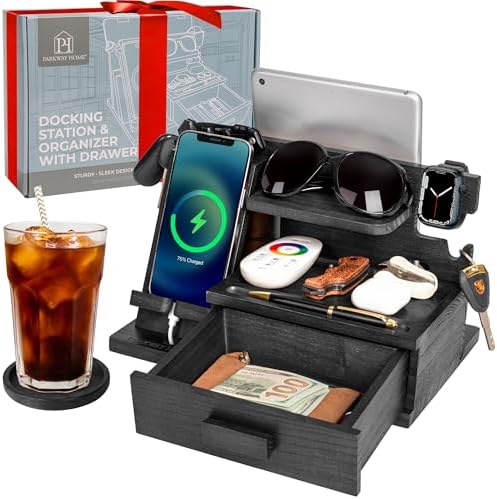 Black Wood Phone Docking Station with Drawer, Compatible with Apple Watch – Wood Charging Station Organizer Stand, Bedside Nightstand Organizer for Men, Holds, Tablet, Glasses, Keys, EDC – Enhanced Compatibility and Speed