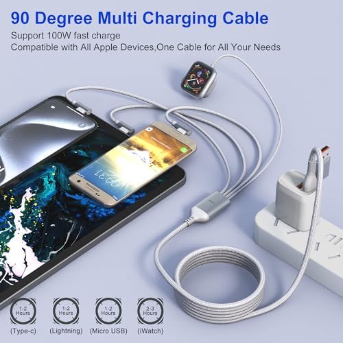 Revolutionary 100 W USB C Fast Charge Multi-Device Cable: 4-in-2 Travel Charger for i Phone, Apple Watch, Mac Book & More – Compact 90-Degree Connector for Space-Saving Efficiency, Enhanced Compatibility, and Rapid Power Delivery for Tech Enthusiasts on the Move