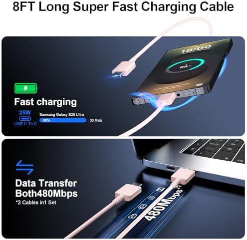 High-Speed 25 W Type C Wall Charger for Samsung Galaxy S25 Series – Includes Dual 10 FT USB-C Cables for Enhanced Flexibility and Safety – Lightning-Fast Charging with Compact Design for Travel Enthusiasts and Everyday Users