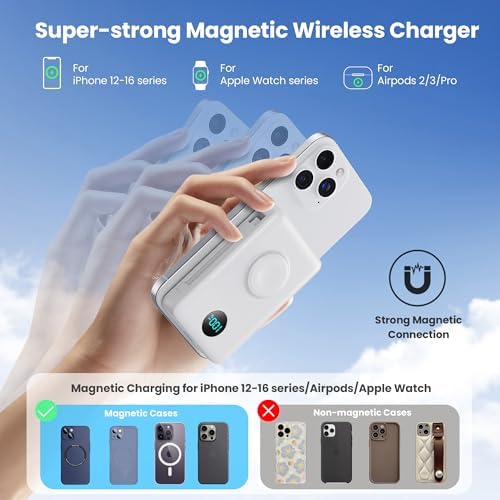 Magnetic 10800 m Ah Power Bank – All-in-One Portable Charger with Built-in Cables, 6-in-1 Functionality for i Phone 16/15/14/13/12 & Apple Watch, 20 W PD Fast Charging, Sleek White Design for On-the-Go Efficiency and Convenience
