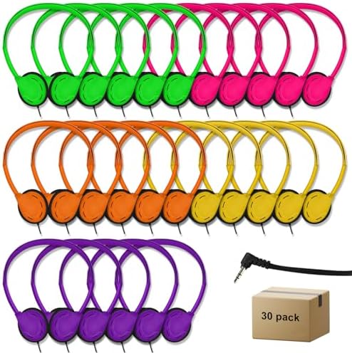 30 Pack Premium Adjustable School Headphones – Durable 3.5 mm Earphones for Enhanced Classroom and Library Audio, Comfortable Fit for Kids and Adults, Ideal for Focused Learning Environments