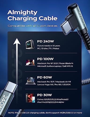 Optimize your charging setup with the AINOPE 240 W USB C to USB C Cable, a 6-foot powerhouse engineered for ultimate speed and flexibility. Featuring a right-angle connector, this fast charging cable is perfect for gaming or multitasking without the clutter of tangled cords. Compatible with the latest devices, including i Phone 16 Pro Max, i Phone 15, Mac Book Air/Pro, i Pad Pro, Samsung Galaxy, and Pixel, it delivers an impressive 240 W power output for rapid charging. The dual-pack offers exceptional value, ensuring you have a reliable charging solution wherever you go. Built with premium materials for durability, the sleek grey and blue design enhances your tech aesthetic while providing long-lasting performance. Elevate your device charging experience with this versatile cable, designed for both home and office use, while ensuring seamless connectivity across all your electronics.
