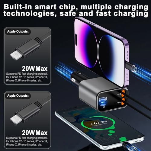 Ultra-Compact 4-in-1 Retractable Car Charger – Dual Type-C and USB Ports, Super Fast Charging for Samsung Galaxy Note Series and More – Multi-Device Convenience for Road Trips and Daily Commutes