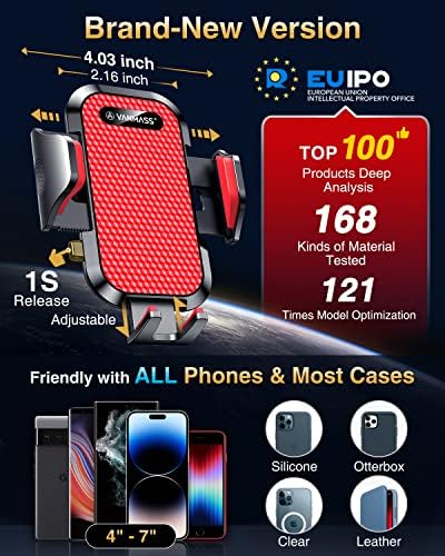 VANMASS Enhanced Car Vent Phone Holder Mount – Universal Smartphone Cradle for i Phone 13 Pro Max, 12, 11, X, XR, XS, 8, 7 Plus, Mini, SE & Android Devices – Secure Handsfree Accessory with Quick Clamp Mechanism and 360-Degree Rotation in Sleek Red Finish for Ultimate Driving Convenience