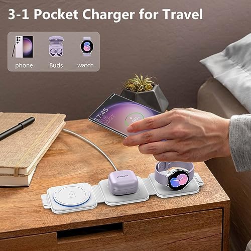 Ultimate Travel Charger for Samsung Devices – 3-in-1 Wireless Charging Station with Foldable Design for Fast Charging Galaxy S Series, Galaxy Watch & Galaxy Buds – Enhanced Portability and Intelligent Safety Features