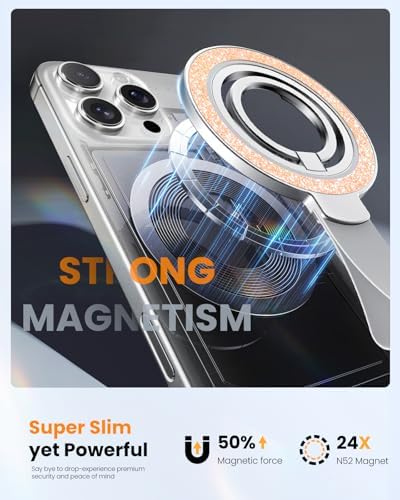 Tycamp Mag Safe-Compatible Glitter Phone Grip Ring Holder Stand for i Phone 16/15/14/13/12 Series – Stylish Magnetic Phone Accessory with Removable Rotating Design for Enhanced Grip and Glam Appeal in Black – Secure Attachment for Selfies, Texting, and Viewing