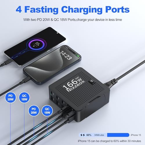 High-Speed 10-Port USB C Charging Station – 166 W Ga N Wall Charger with PD 20 W & QC 18 W for i Phone 15/14/13/12/11, i Pad, Samsung, Pixel 5 – Compact White-Silver Design for Universal Device Charging Convenience