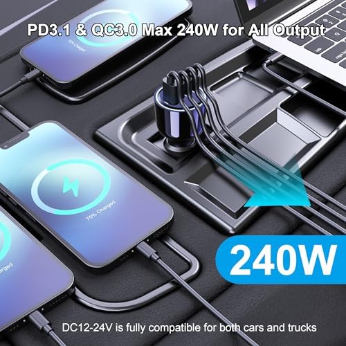 URVNS 240 W USB C Car Charger – Super Fast 4-Port PD3.1/PD3.0 Multi-Device Car Adapter for Mac Book Pro, i Phone 15/16 Max, Samsung Galaxy S24/S23, Google Pixel – Ultimate On-the-Go Charging Solution with Smart Power Distribution and Safety Features