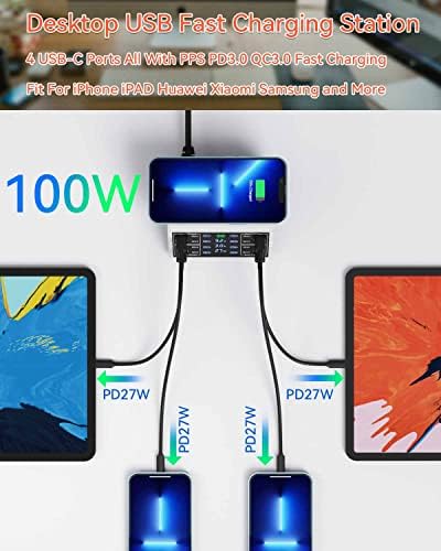 ASOMETECH 100 W 8-Port USB Charging Station with Quick Charge 3.0 & USB-C PD – High-Efficiency Wireless Charging Hub Featuring LCD Display for Seamless Multi-Device Power Management – Ideal for i Phone 13, i Pad, Samsung, and More – Smart Power Distribution & Compact Design for Home or Office