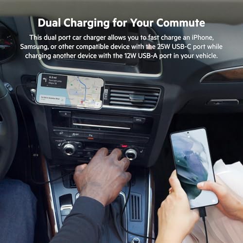 Belkin 37 W Dual USB Car Charger – Rapid Power Delivery 25 W USB-C & 12 W USB-A Ports for PPS Fast Charging – Universal Compatibility for Apple i Phone, Samsung Galaxy, Air Pods & More – Compact & Durable Design for On-the-Go Charging Efficiency