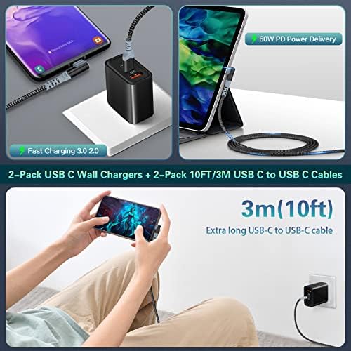 Dual Port Fast Charging Wall Adapter with 10 FT Right-Angle USB C Cable – 20 W USB-C Power Block for i Phone 16/15, Samsung Galaxy S25 Ultra, S24, S23, S10 – Efficient Charging Convenience for Home, Office, and Travel