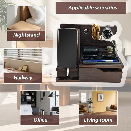 Sleek 3-in-1 Wood Phone Docking Station with Hidden Charging Hole & Drawer – Multifunctional Organizer for Phones, Keys, Glasses & Accessories, Ideal Men’s Desk Solution (Brown) – Premium Quality & Enhanced Compatibility