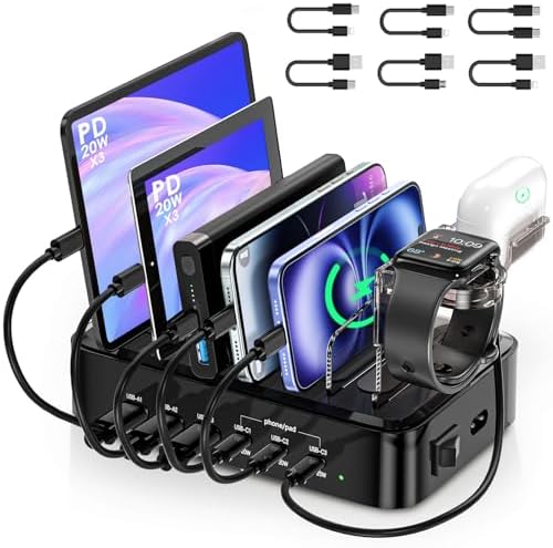 Ultimate 90 W Multi-Device Charging Station – 6-Port Organizer with 3 PD 20 W USB-C Fast Charge Capability for i Phones, i Pads, Tablets, Kindles, and More – Includes 6 Versatile Cables, Air Pods and Apple Watch Holders – Streamlined Design for Enhanced Efficiency and Space Management