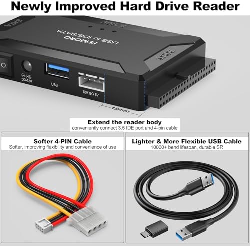 FEMORO Ultra-Fast 3-in-1 Hard Drive Reader – IDE & SATA to USB 3.0 + USB-C Adapter with 12 V Power Supply for Seamless Data Transfer of 2.5” SSDs and 3.5” HDDs – Versatile Connectivity for Windows & Mac Users, Perfect for Data Backup and Retrieval