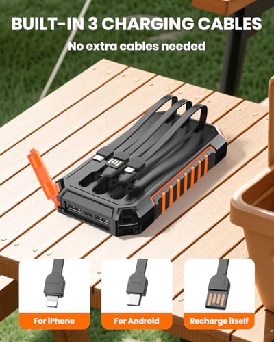 Hiluckey 27,000 m Ah Solar Power Bank with Built-in Cables – Ultra-Fast 15 W Outdoor Battery Pack for i Phone & Android – Charge 5 Devices at Once with Dual USB-A & USB-C Ports – Perfect for Camping, Travel, and Emergency Power Needs – Dual LED Flashlight for Enhanced Versatility and Safety