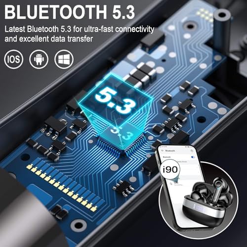Advanced Bluetooth 5.3 Wireless Earbuds with 48-Hour Battery Life and Superior Hi-Fi Sound – IPX7 Waterproof Design with 4 ENC Microphones for Unmatched Call Clarity – LED Power Indicator and Universal Compatibility for i OS and Android – Ideal for Fitness Enthusiasts and Music Aficionados
