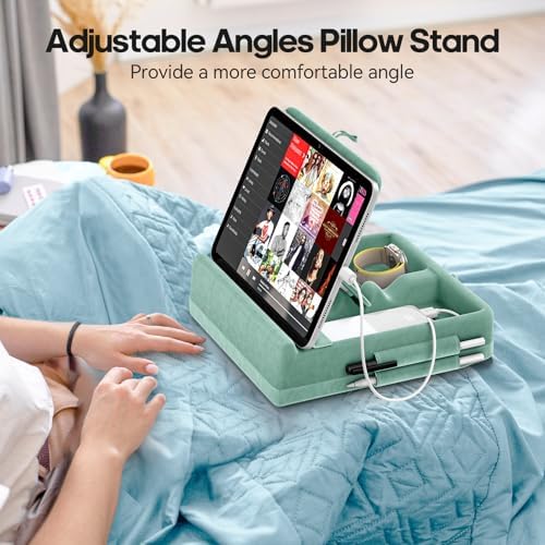 KDD Multifunctional Tablet Pillow Stand – Adjustable Foldable i Pad Holder for Bed, Lap, and Desk with Soft Pad Dock and Stylus Storage – Compatible with i Pad Pro (12.9, 10.5, 11), Air, Mini, Phones, and Books – Ultimate Comfort and Versatility for Hands-Free Use
