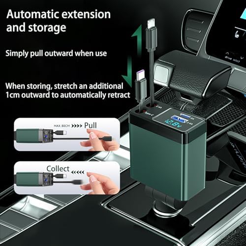 Ultimate 4 in 1 Retractable Car Charger – 66 W Fast Charging Cigarette Lighter Adapter with Integrated USB-C & i Phone Cords – Compatible with i Phone 16, 15/15 Pro Max, Samsung Galaxy, and Pixel Smartphones – Ideal for Effortless On-the-Go Charging