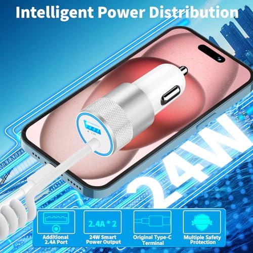 Rombica 105 W MFi Certified Dual USB-C & USB-A Fast Car Charger for i Phone 16 Pro Max – Ultimate Portable Power Solution with 6 FT Coiled Type-C Cable for Rapid Charging on the Go, Perfect for Road Trips and Daily Commuting