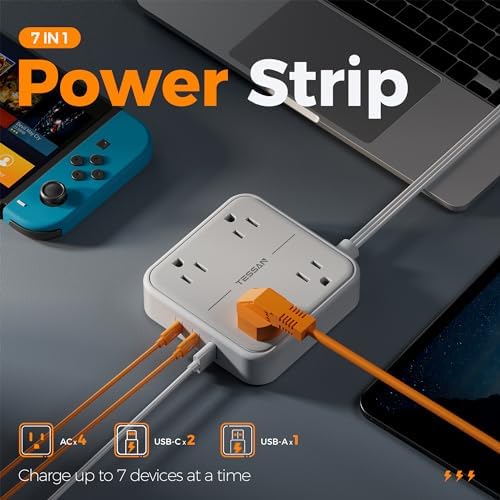 TESSAN 5 FT Flat Extension Cord Surge Protector – 4 Outlet Power Strip with 3 USB C Ports (1 USB C) for Fast Charging, 900 Joules Electronics Protection, Space-Saving Design for Home, Office, and Dorm Use, Enhanced Compatibility and Efficiency