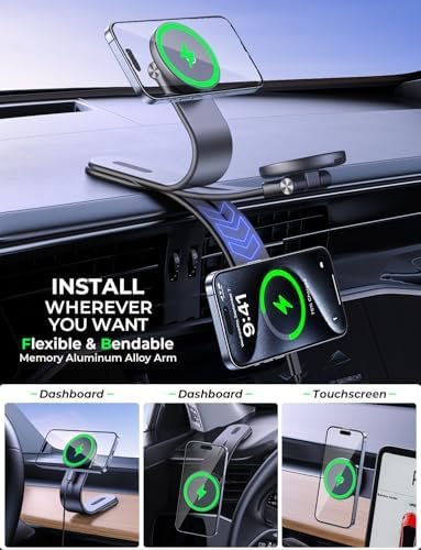 Mag Safe Magnetic Car Charger Mount: 15 W Wireless Fast Charging Holder with Adjustable Aluminum Arm for i Phone – Secure Grip and Optimal Viewing for Every Journey