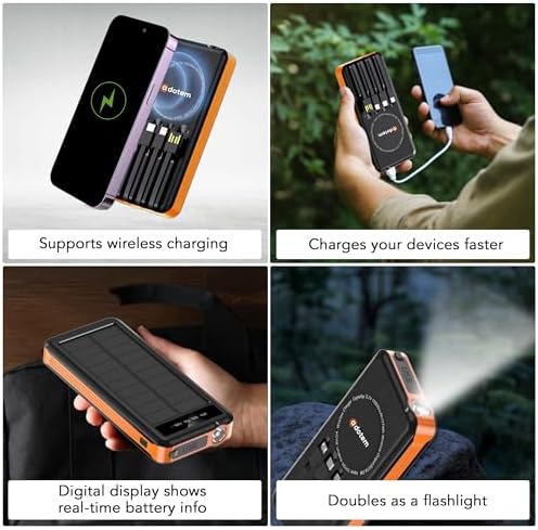 Ultimate Portable Solar Power Bank with Integrated Charging Cables – 10,000 m Ah Waterproof Battery Pack for Phones Featuring USB, Micro USB, Lightning, Type-C, and Wireless Charging – Perfect for Outdoor Adventures and Daily Use (Black Blue)