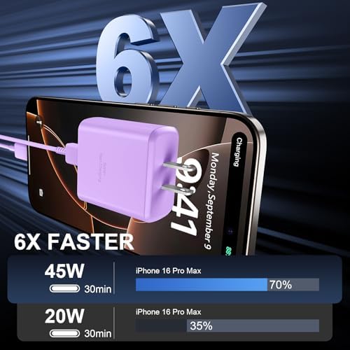 Accelerate Your Power Needs with Our 45 W Ultra-Fast USB-C Charger for Phone 16 Series – Includes a 10 ft Type C Cable in Eye-Catching Purple – Perfectly Crafted for Swift Power Delivery to Phone 16 Pro, Max, Plus & Earlier Models – Unleash Maximum Charging Efficiency and Aesthetic Appeal for Tech Enthusiasts on the Move