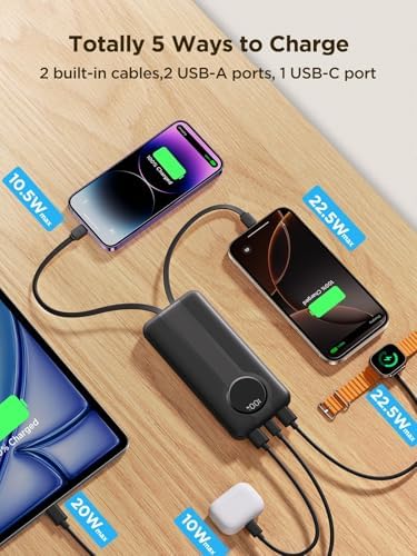 Aioneus 10000 m Ah Portable Charger with Dual Built-in Cables – High-Speed 22.5 W USB-C Power Bank for i Phone 16/15 and Samsung Galaxy S24/S10 e – All-in-One Travel Battery Pack with Intelligent LED Display and Automatic Power Off for Enhanced Device Safety and Compatibility
