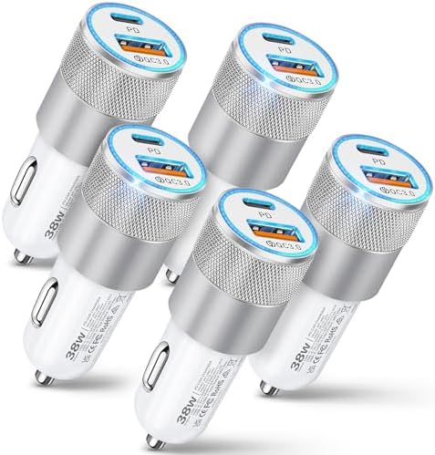 38 W Dual-Port USB C Car Charger – Fast Charging Adapter for i Phone, Samsung & Google Pixel – Compact Cigarette Lighter Charger – 5-Pack for Ultimate Compatibility & Convenience on the Go