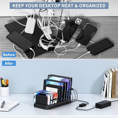High-Performance 10-Port USB Charging Station Hub with Adjustable Dividers – Fast Charge Multiple Devices Simultaneously for Hotels, Schools, and Travel – Enhanced 60 W Power Output and Universal Compatibility for All Your Devices