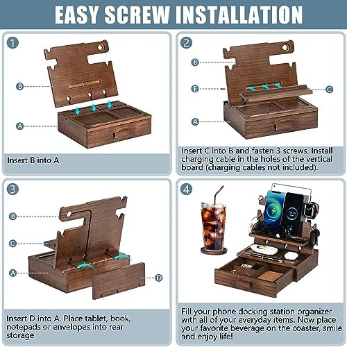 Wood Phone Docking Station for up to 3 Phones – Nightstand Organizer for Men & Women Holds Phones, Tablets, Keys, Rings, Glasses, Watches, EDC & More – with Special Drawer for Valuables – Enhanced Compatibility and Speed