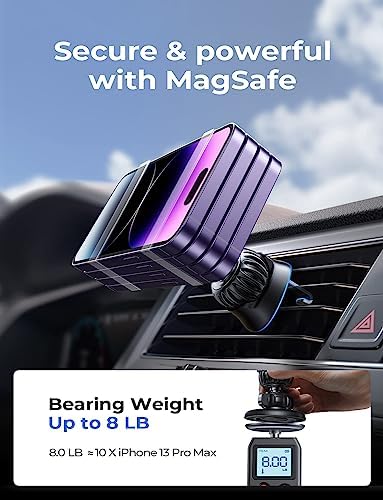 LISEN Mag Safe Car Phone Holder for i Phone 16-12 Pro Max – Strong Magnetic Dashboard & Vent Mount – Stylish Purple Design – Effortless Installation & Wireless Charging Support for Ultimate Driving Safety