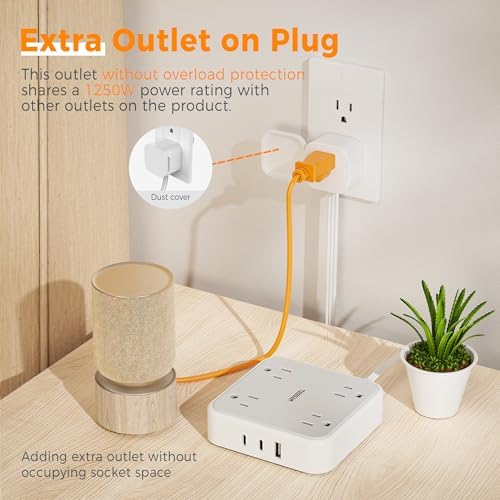 TESSAN 5 FT Flat Extension Cord Surge Protector – 4 Outlet Power Strip with 3 USB C Ports (1 USB C) for Fast Charging, 900 Joules Electronics Protection, Space-Saving Design for Home, Office, and Dorm Use, Enhanced Compatibility and Efficiency