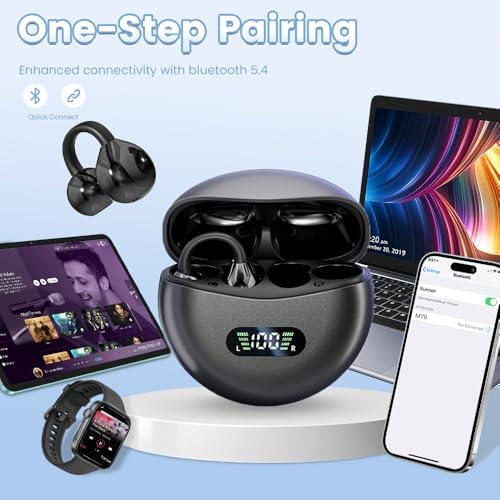 Innovative Clip-On Open Ear Wireless Bluetooth 5.4 Headphones – Perfectly Designed for Small Ears and Glasses Wearers; 60-Hour Battery Life, Superior Noise Cancellation, and Waterproof for Active Lifestyles and Workouts (Vibrant Purple)