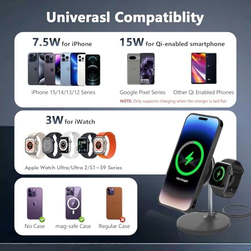 Mag Safe 2-in-1 Wireless Charging Station for i Phone and Apple Watch – Portable 15 W Fast Charger with Detachable Design, Foldable Travel Pad for i Phone 12-16 Series – Sleek Black Finish for Enhanced Compatibility and Efficient Power Boosts