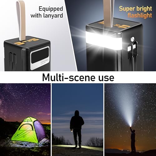 High-Capacity 50000 m Ah Power Bank with 22.5 W Fast Charging, Built-in Cables, LED Display, and Emergency Flashlight – Ideal Portable Charger for Camping and Outdoor Adventures, Universal Compatibility for Smartphones and Tablets