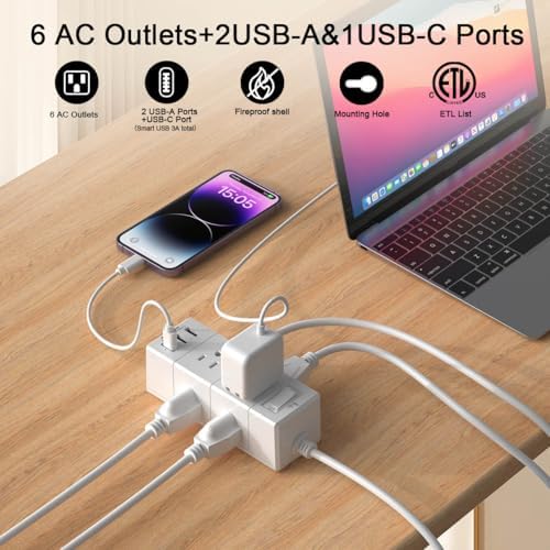 15 Ft Flat Plug Power Strip with 6 AC Outlets and 3 USB Ports – Tcstei Compact Extension Cord for Home, Office, and Dorm Room – Versatile ETL Certified Power Solution with Fast Charging and Space-Saving Design