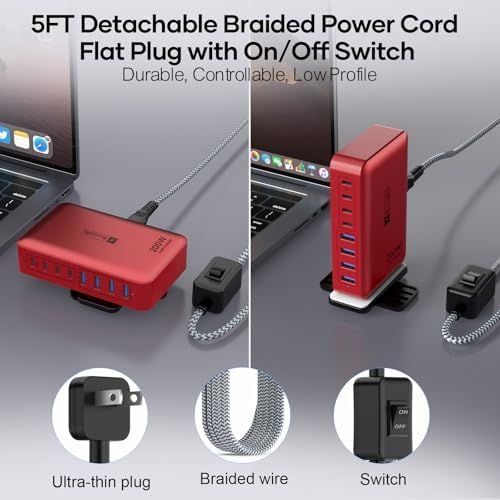 Transform Your Charging Routine with the 200 W 8-Port Fast Charging Hub – Multi-Device USB Station Featuring 65 W Laptop Adapter, Space-Saving Flat Plug, Durable Braided Cable, and User-Friendly On/Off Power Control for Optimal Performance and Safety