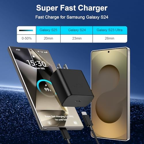 45 W Samsung Super Fast Charger Type C Duo – High-Efficiency USB-C Power Adapter with 6 FT Cable for Rapid Charging of Galaxy S25/S24/S23/Note 20/Tab S9 – Ideal for Home, Office, or Travel Use
