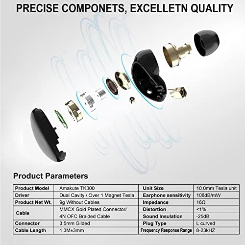 Professional TK300 In-Ear Monitor Headphones for Musicians – High-Fidelity 10 mm Dynamic Driver IEM Earphones with MMCX Detachable Cable (Black, No Mic) – Superior Sound Isolation & Comfort for Live Performances