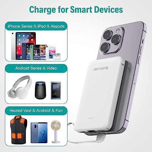 Ultra-Slim 6000 m Ah Portable Charger with Built-in Cables – Lightweight Fast Charging Power Bank for i Phone, Samsung, and Android Devices – Perfect Travel Companion for On-the-Go Power Solutions