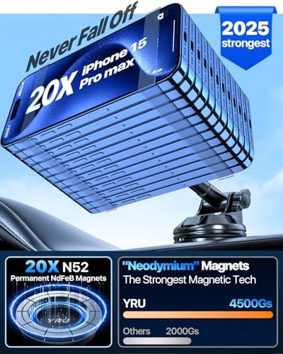 YRU 2025 Magnetic Phone Holder for Car – Superior Patented Magnet Technology for Seamless Dashboard or Windshield Mounting | Mag Safe Compatible | Sleek Black Design Perfect for i Phone 12-16 Pro Max & Samsung | Effortless Installation for Hands-Free Navigation & Calls | Built to Last for Everyday Use