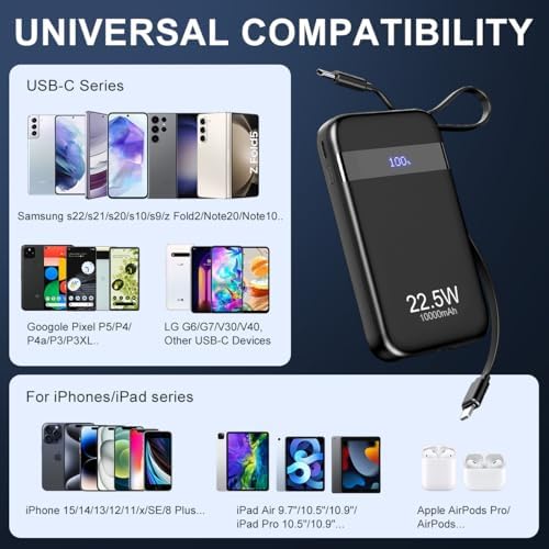 Ultra-Compact 10,000 m Ah Power Bank with Built-in Cables – Fast 22.5 W Charging, 4 Outputs, Dual Inputs, LED Power Indicator for i Phone, Samsung, Android & More – Perfect for On-the-Go Charging Solutions